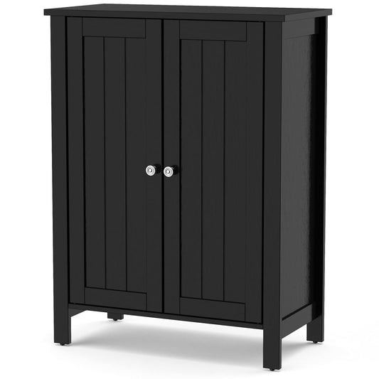 Tangkula Bathroom Floor Cabinet, 3 Tier Storage Cabinet with Double Door & Adjustable Shelf, Wooden Bathroom Cabinet for Home Office, 23.5 x 12 x 31.5 Inches (Black)