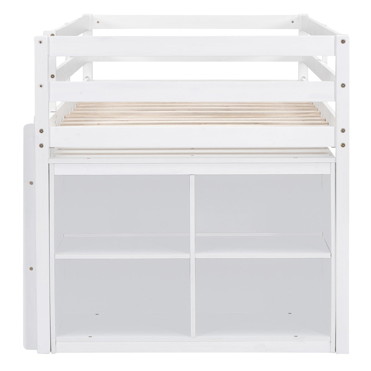Kids Twin Size Low Loft Bed with Storage, Twin Size Loft Bed with Portable Desk and 4 Drawers, Wood Twin Loft Bed with Shelves, Modern Farmhouse Junior Loft Bed for Kids Boys Girls, White Harper & Bright Designs