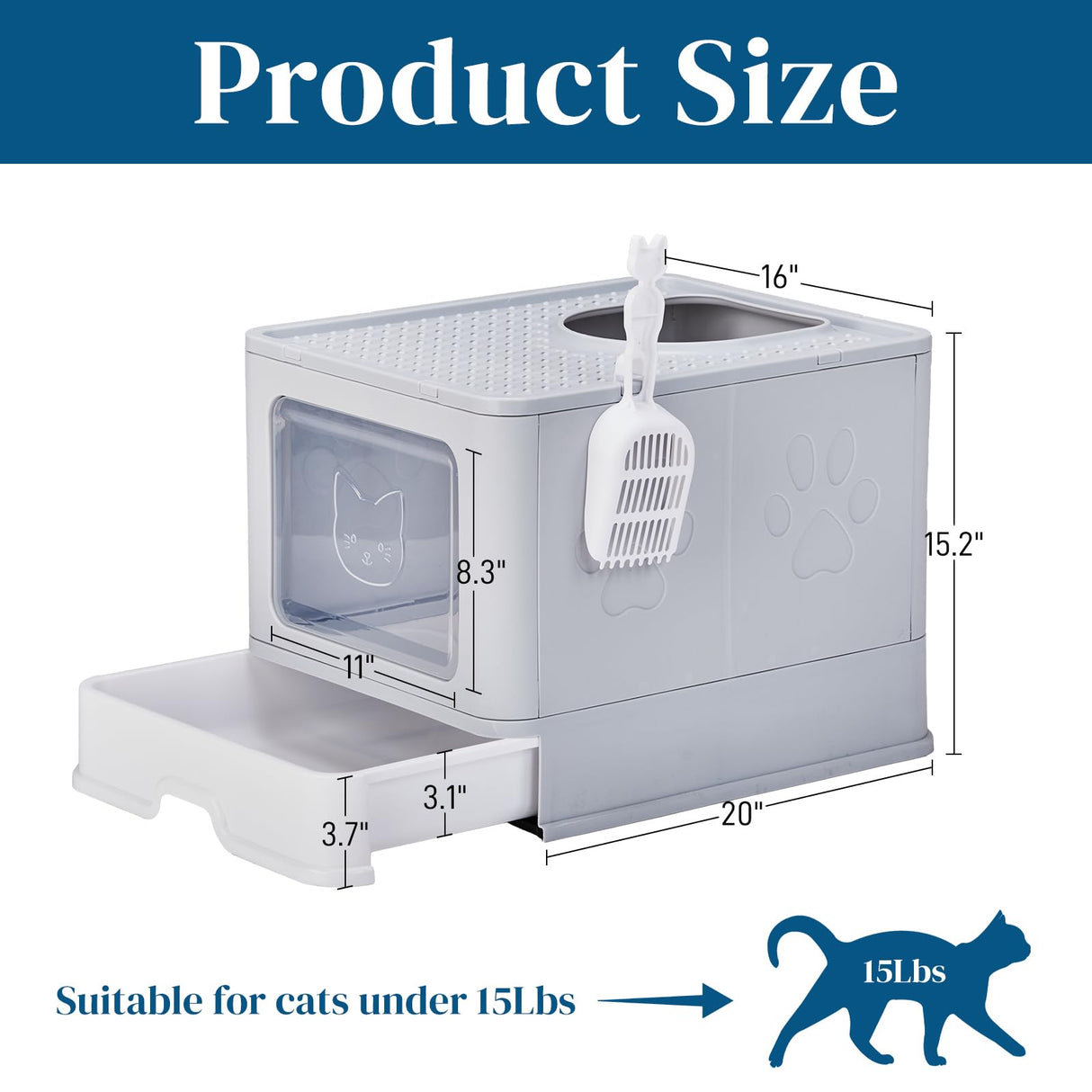 Outvita Large Cat Litter Box with Litter Mat and Scoop, Foldable Litter Box with Lid, Front Entry Top Exit Kitty Enclosed, Odor Control Easy Clean (Grey) Outvita