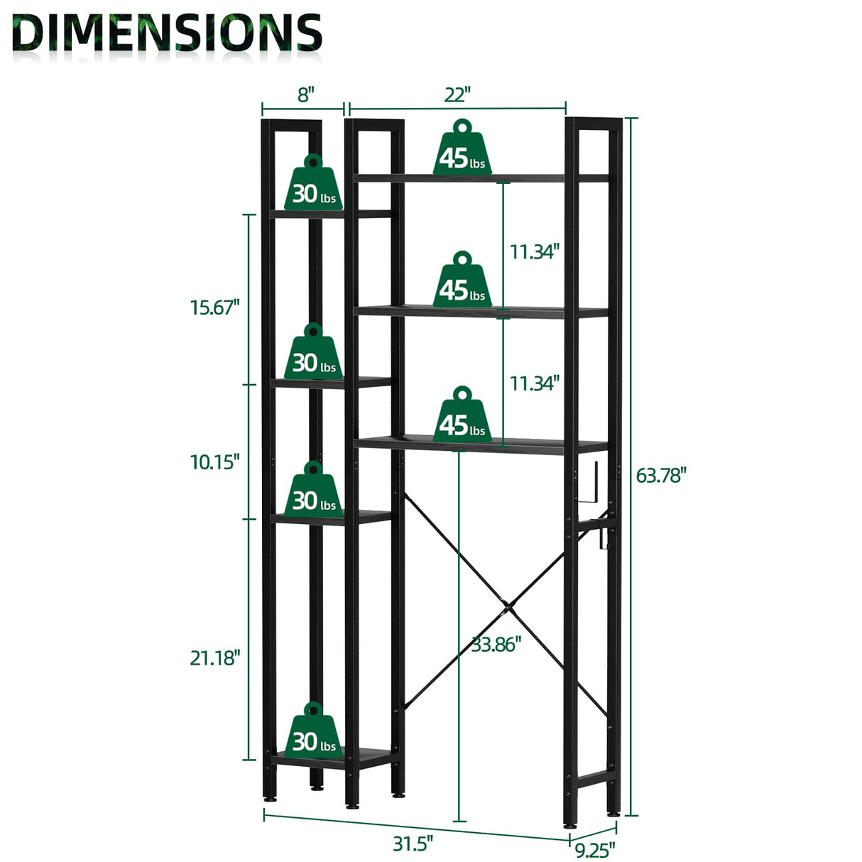 OTK Over The Toilet Storage with 7-Tier Bathroom Organizer Shelf, Freestanding Space Saver with Hooks & Adjustable Feet, Storage Rack for Bathroom, Restroom, Laundry, Black OTK