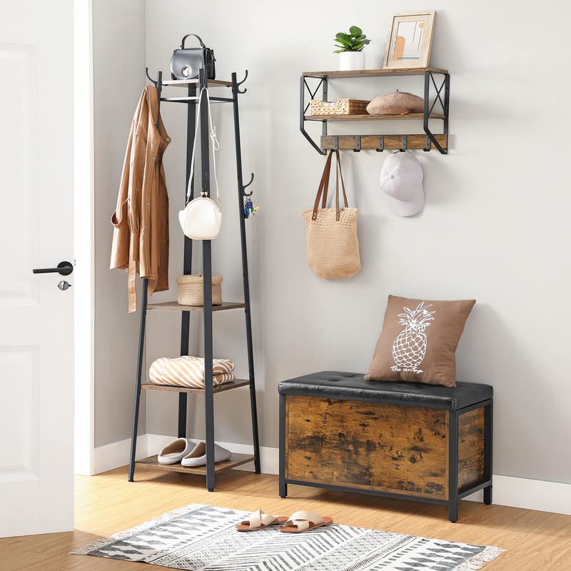 VASAGLE Padded Shoe Bench with Cushioned Seat, Storage Chest Cabinet, Barn-Door Style, 15.7" D x 31.5" W x 19.7" H, Rustic Brown + Black VASAGLE