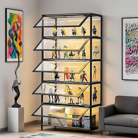 QOEUDD 5-Tier Curio Display, Display Cabinet with Acrylic Glass Door, Collectibles Toy Organizers Rack & Display Case, Bookcase for Bedroom, Office, Toddler's Room QOEUDD