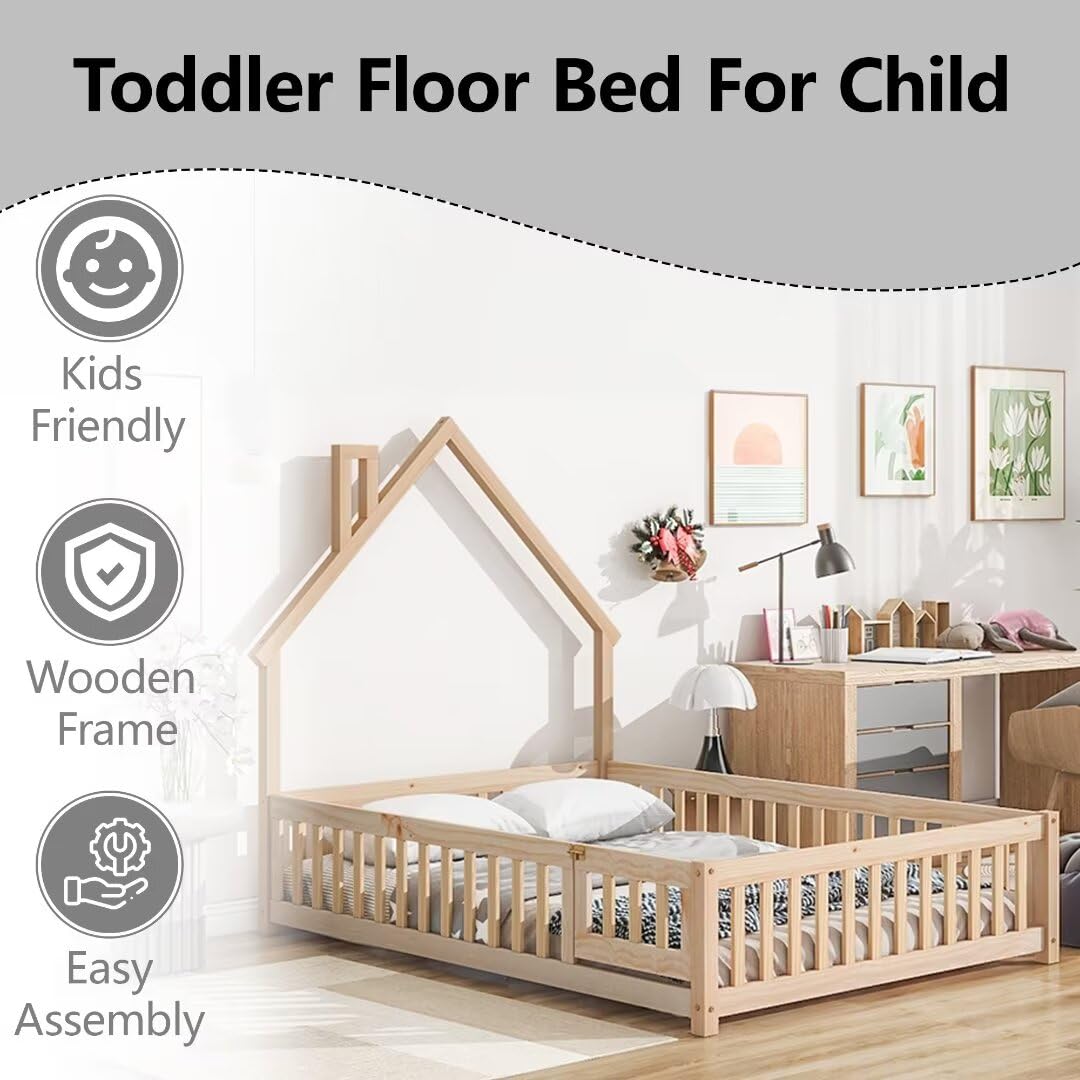 TURRIDU Full Size Montessori House-Shaped Floor Bed with Fence and Door in Natural Wood TURRIDU