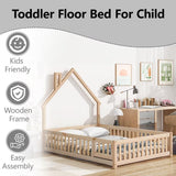 TURRIDU Full Size Montessori House-Shaped Floor Bed with Fence and Door in Natural Wood TURRIDU