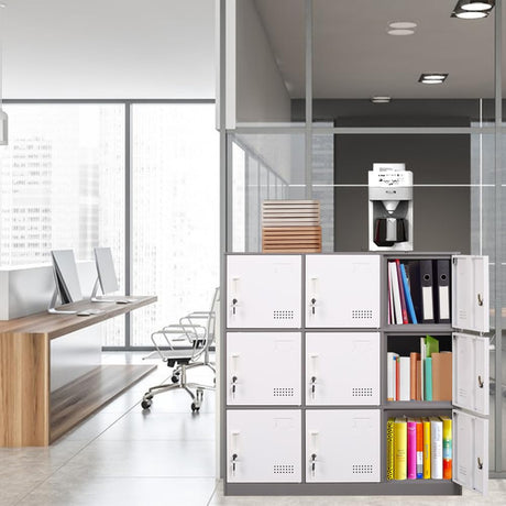 iCHENGGD Metal Locker 9 Door Storage Cabinet, Steel Storage Lockers for Employees, with Lock and Ventilation, Office School Gym Use (Grey) iCHENGGD