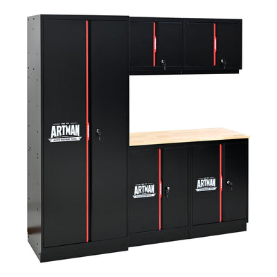 S.Walt Garage Storage Cabinets System, 6-Pcs Workshop Cabinet Set in Black and Red, Included Steel Cabinets, LED Lights, Wood Panel, Key Locking, Adjustable Door Panels and Legs, Black & Red
