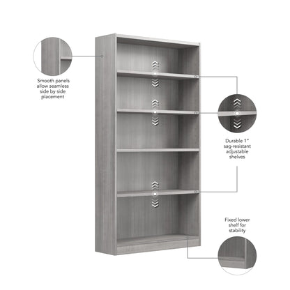 Bush Furniture Universal 5 Shelf Bookcase in Platinum Gray - Versatile Vertical Storage for Home Office or Living Room - WoodArtSupply