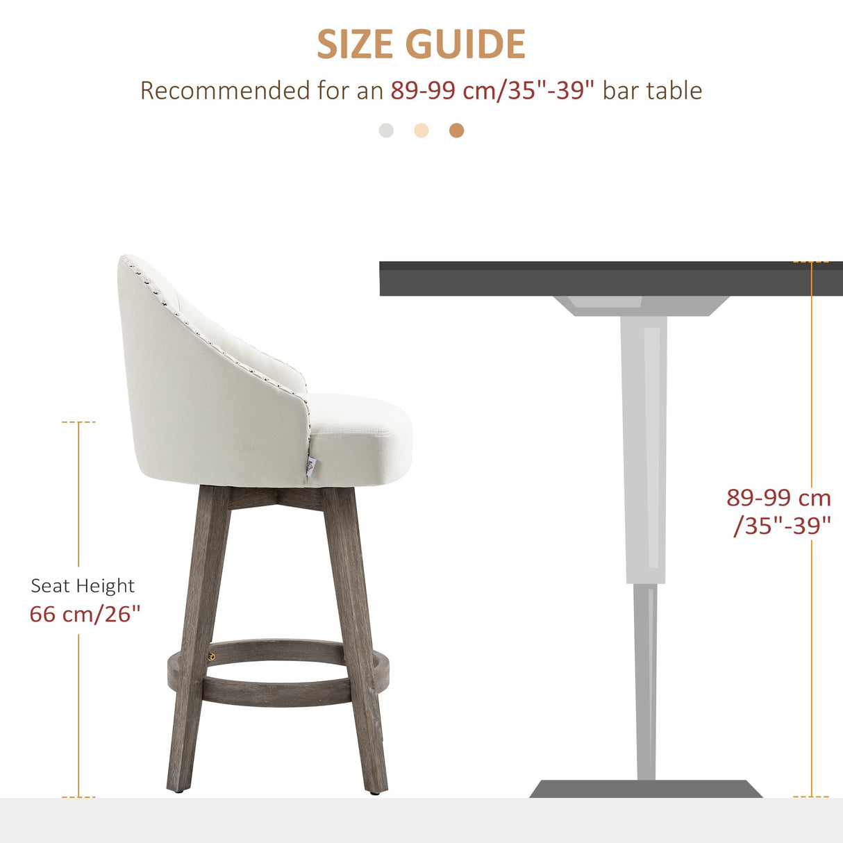 HOMCOM 26" Counter Height Bar Stools, Linen Fabric Kitchen Stools with Nailhead Trim, Rubber Wood Legs and Footrest for Dining Room, Counter, Pub, Set of 2, Cream White HOMCOM