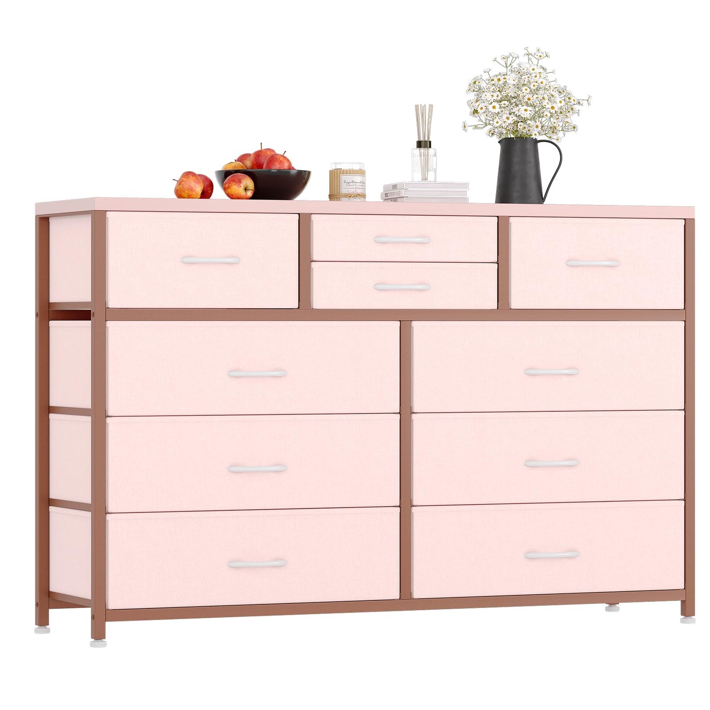 Jojoka Wide 10 Drawer Dresser,TV Stand Entertainment Center Fabric Storage Dressers Drawers for Bedroom, Hallway, Nursery, Closets, Steel Frame, Wood Top (Pink)