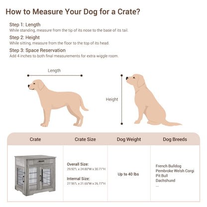 IchbinGo Wooden Furniture Style Dog Crate End Table, Double Doors Dog Kennel with Drawer, Rustic Style Decorative Dog House Cage Indoor Use, Easy Installation 29.92”L x 24.80” W x 30.71”H - WoodArtSupply