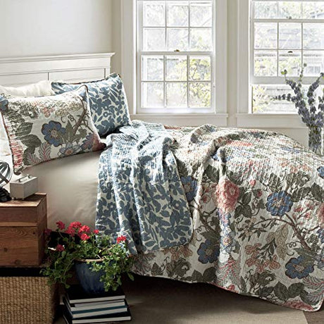Lush Decor Sydney Reversible Cotton Quilt Set, 3 Piece Set, Full/ Queen, Green & Blue - Cotton Bedding Set - Blue Floral Quilt - Cottage Decor - Bedding Queen Size Lush Decor