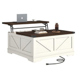 Hlivelood 40” Large Farmhouse Lift Top Coffee Table with Power Outlets and Large Hidden Storage, Square Wood Living Room Tables, Multi-Function Lift Wooden Barn Door Center Table, Rustic White Hlivelood