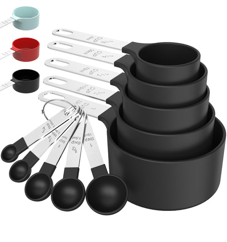 TILUCK Measuring Cups & Spoons Set, Stackable Cups and Spoons, Nesting Measure Cups with Stainless Steel Handle, Kitchen Gadgets for Cooking & Baking (Black) TILUCK