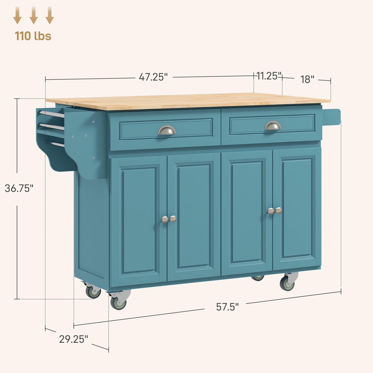 HOMCOM Rolling Kitchen Island Drop Leaf, Kitchen Cart on Wheels, Solid Wood Top Breakfast Nook with Storage Drawers, 4-Door Cabinets and Spice Rack, Light Blue - WoodArtSupply