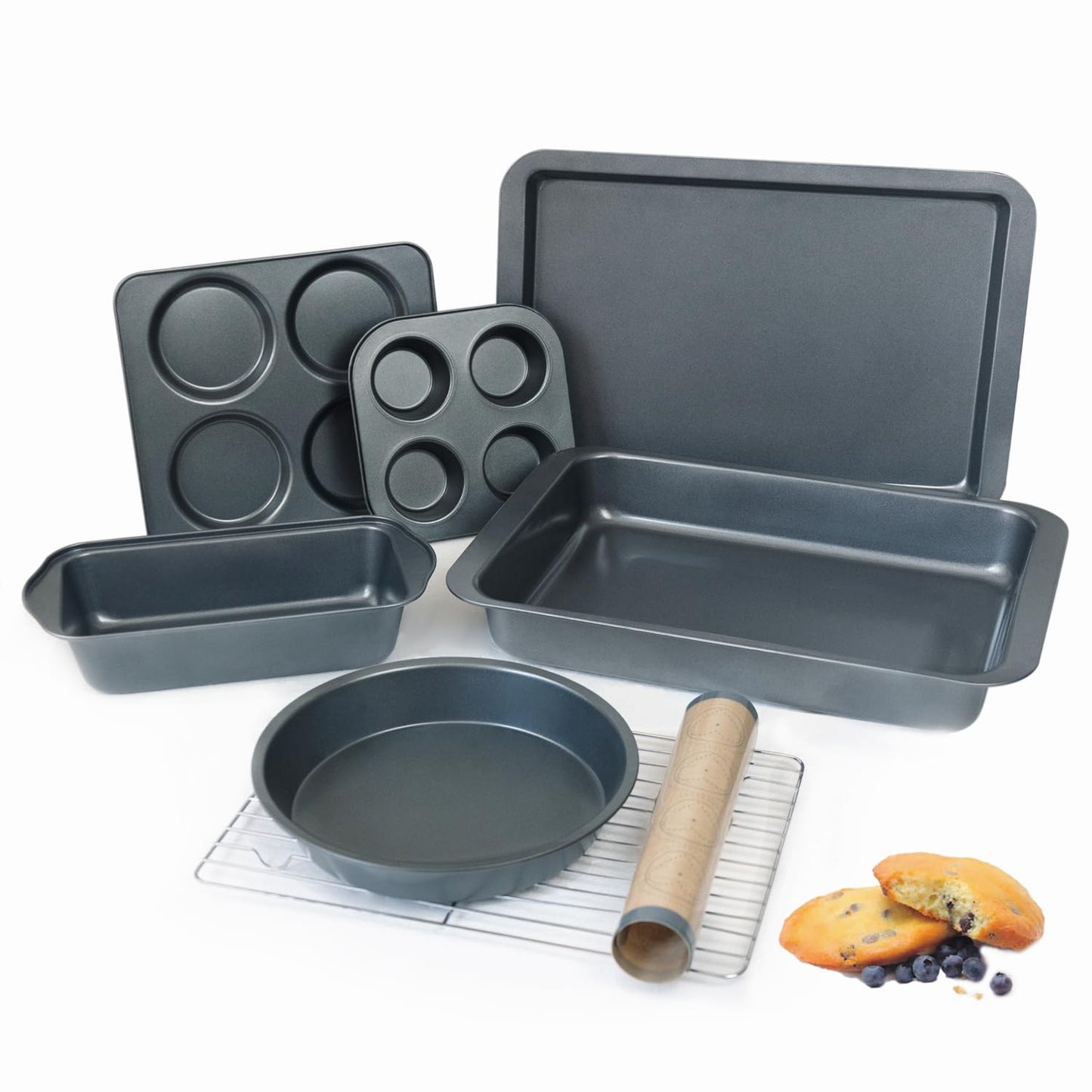 8-Piece Baking Pans Set with Rack, Nonstick Bakeware Include Muffins & Muffin Tops Pan, Baking Tray, Cookie Sheet with Mat, Loaf Pan, Round Cake Pan, Carbon Steel Baking Set