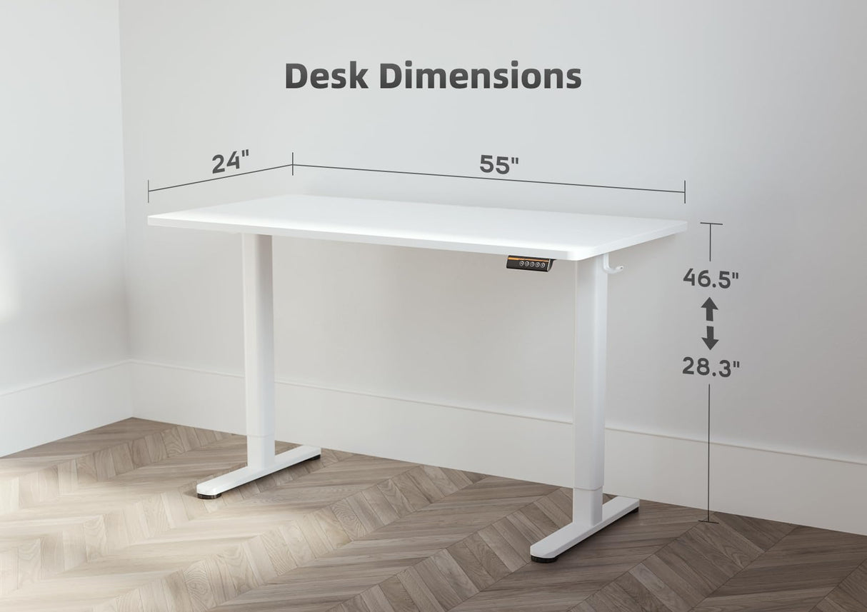 Seang Electric Standing Desk with Adjustable Height, 55x24 Inch Stand Up Desk, Sit Stand Desk with Splice Board for Home Office Computer Workstation, White Frame/White Top Seang