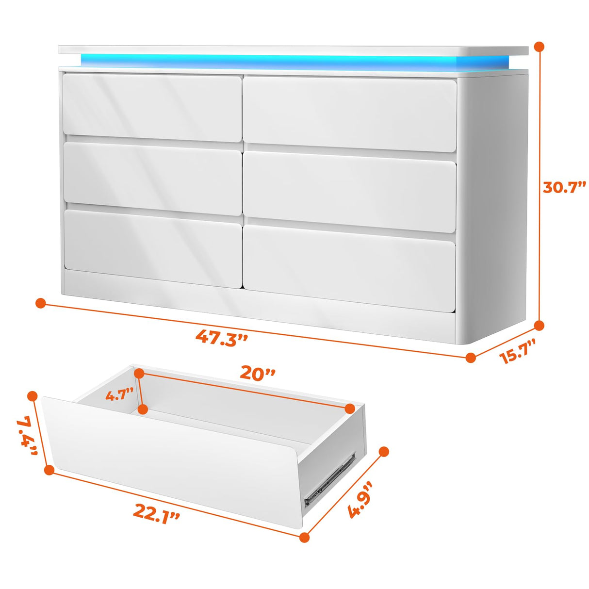 Gyfimoie 6 Drawer White Dresser for Bedroom, 47.2" Long Chest of Drawers with Charging Station & LED Lights, Double Wooden Storage Cabinet Dresser for Closet,Modern TV Stand with Deep Drawers Gyfimoie
