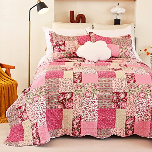 Cmfshape Summer Floral Queen Quilted Bedspread,Romantic Pink Quilt Set Full,Reversible Stitched Bedding Set All Season,Soft Lightweight Coverlet with Pillow Cases (Hot Pink&Rose, Queen90 x90) Cmfshape