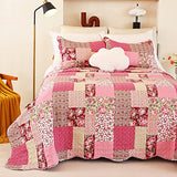 Cmfshape Summer Floral Queen Quilted Bedspread,Romantic Pink Quilt Set Full,Reversible Stitched Bedding Set All Season,Soft Lightweight Coverlet with Pillow Cases (Hot Pink&Rose, Queen90 x90) Cmfshape