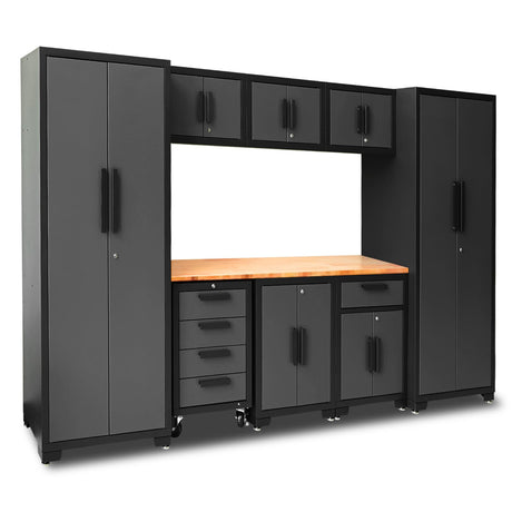 Torin APK112B Garage Storage System: Heavy-Duty 9-Piece Cabinet Set with Worktop, Adjustable Shelves, and Secure Lockable Doors, Black/Grey Torin