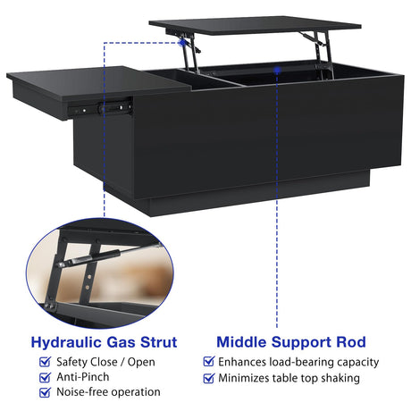 HOMMPA LED Coffee Table for Living Room Lift Top Coffee Tables with Power Outlet Black Morden Center Table with Storage Hidden Compartment High Gloss Lift Tabletop HOMMPA