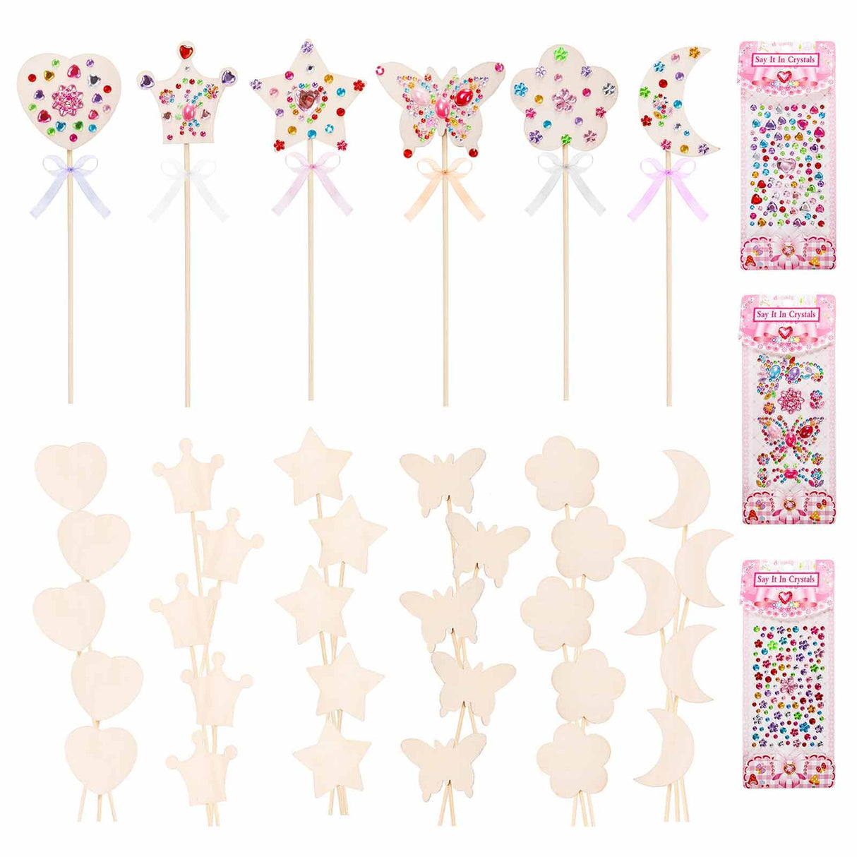 Frcctre 36 Pieces Princess Fairy Wands Kit Make Your Own Princess Wands DIY Art Craft Magical Wand Include 36 Pcs 6 Styles Unfinished Wooden Princess Wand 36 Pcs Ribbons 3 Pcs Gem Stickers Frcctre