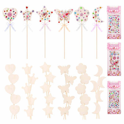 Frcctre 36 Pieces Princess Fairy Wands Kit Make Your Own Princess Wands DIY Art Craft Magical Wand Include 36 Pcs 6 Styles Unfinished Wooden Princess Wand 36 Pcs Ribbons 3 Pcs Gem Stickers