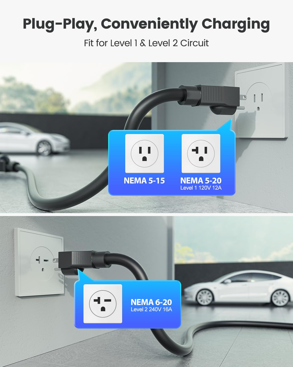 Portable Level 1/2 EV Charger for Tesla, 16A Electrical Tesla Car Mobile Charger 25FT Extension Cable with 240V NEMA 6-20 Plug, 120V NEMA 5-15 Adapter, NACS Home Wall Connector for Tesla Model-Y/3/S/X SEGUMA