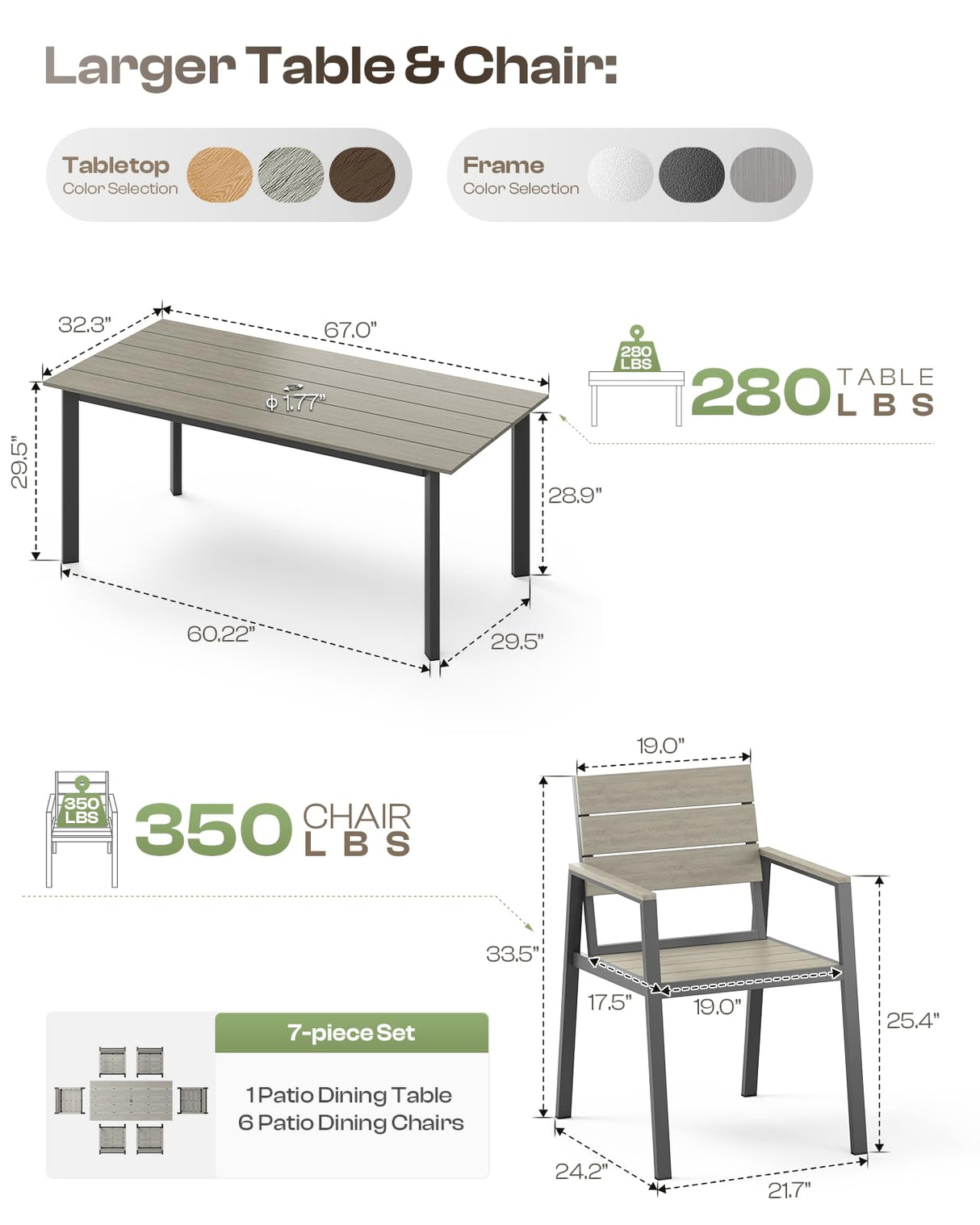 Oasbira Outdoor Dining Set for 6, Patio Table and Chairs Set with Umbrella Hole, 7 Pieces HDPS Outdoor Furniture Sets for Patio, Garden, Backyard (Gray) Oasbira
