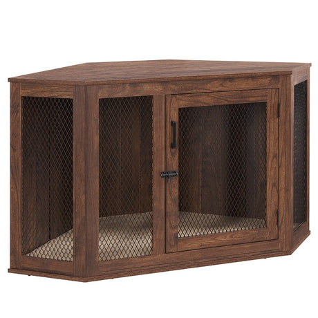 unipaws Furniture Style Corner Dog Crate for Medium Large Dogs, Indoor Aesthetic Puppy Kennel TV Stand, Modern Decorative Wood Pet House Dog Cage, Pretty Cute End Side Table Nightstand, Walnut unipaws