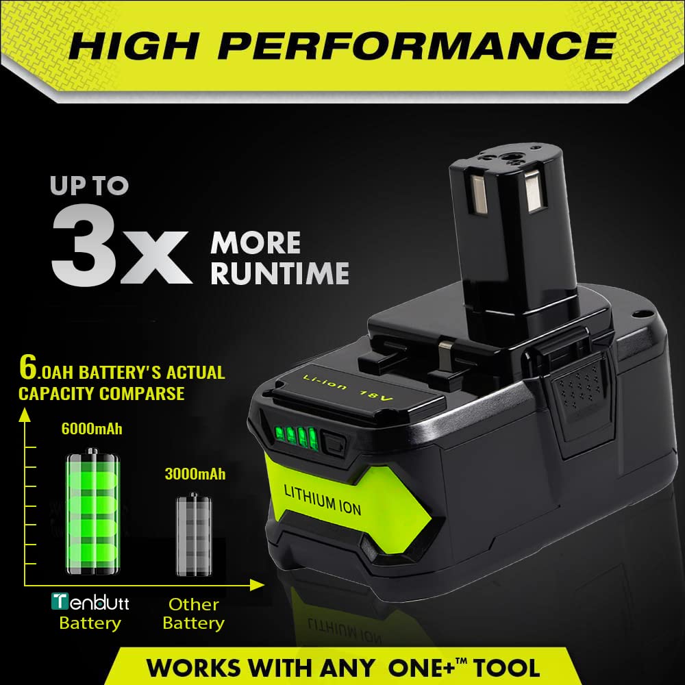 TenHutt 【Upgrade】 2 Packs 6.0Ah Lithium Replacement Battery for Ryobi 18V ONE+ Cordless Power Tool P108(130429054) Compatible with P102 P103 P104 P105 P107 P108 Lithium Battery TenHutt