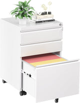 Brightpeak 3 Drawer Mobile File Cabinet, Metal Rolling Filing Cabinet with Lock for Home Office, Under Desk Small Cabinet with Wheels Fit Legal/Letter/A4 (White) Brightpeak