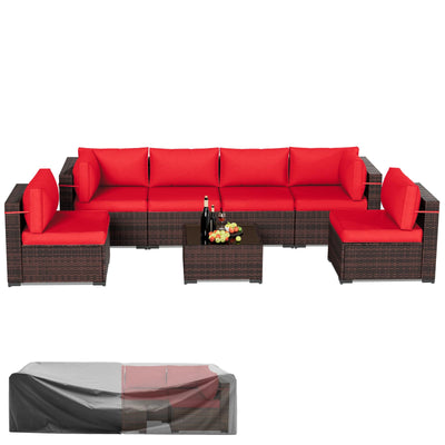 Amopatio Patio Furniture Set 7 Pieces Patio Conversation Set Outdoor Sectional Wicker Rattan Sofa with All-Weather Cover, Patio Furniture with Pillows Fits Porch Garden Backyard Balcony(Red)