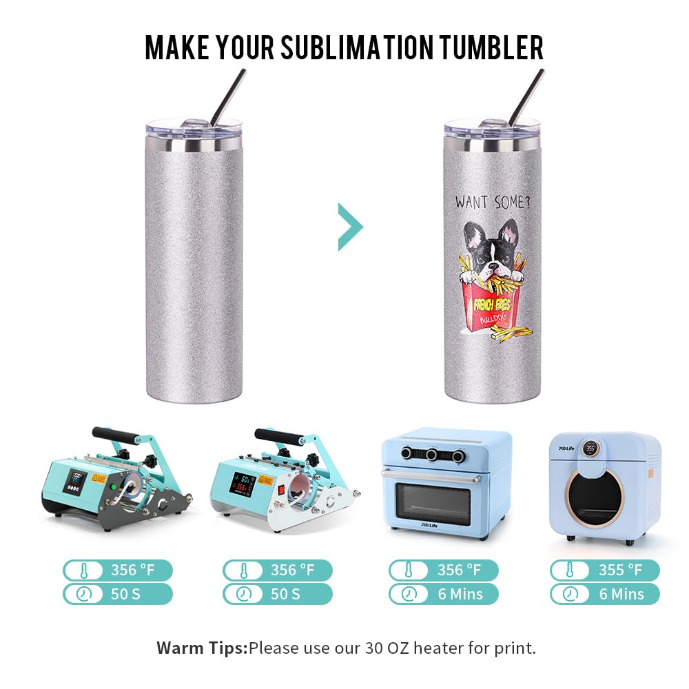 PYD Life Sublimation Blanks Glitter Tumbler Skinny Silver 20 OZ Straight Stainless Steel Tumbler with Lid and Metal Straw for Tumbler Press Machine Heat Transfer Sublimation Cups 4 Pack PYD Life