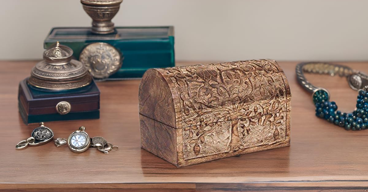Birthday Gift Ideas Handmade Decorative Wooden Jewelry Box With Tree Of Life Carvings Jewelry Organizer Keepsake Box Treasure Chest Trinket Holder Lock Box Watch Box Gifts For Her (Natural Finish) The Great Indian Bazaar