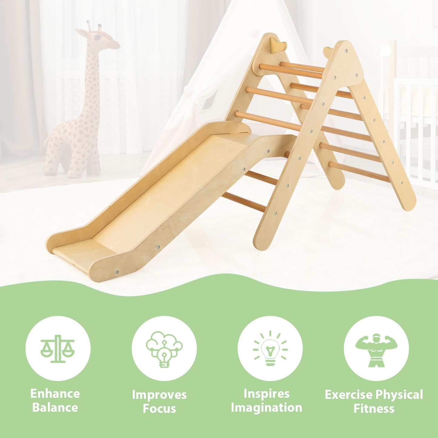 Olakids Toddlers Triangle Climber, 2 in 1 Montessori Kids Wood Climbing Toy with Ramp, Ladder, Slide for Gym Playground, Indoor Baby Climb Play Structure Activity Set for Boys Girls 1-3