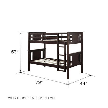 DHP Dylan Espresso Twin-Over-Twin Convertible Bunk Bed with Ladder and Guardrail - WoodArtSupply