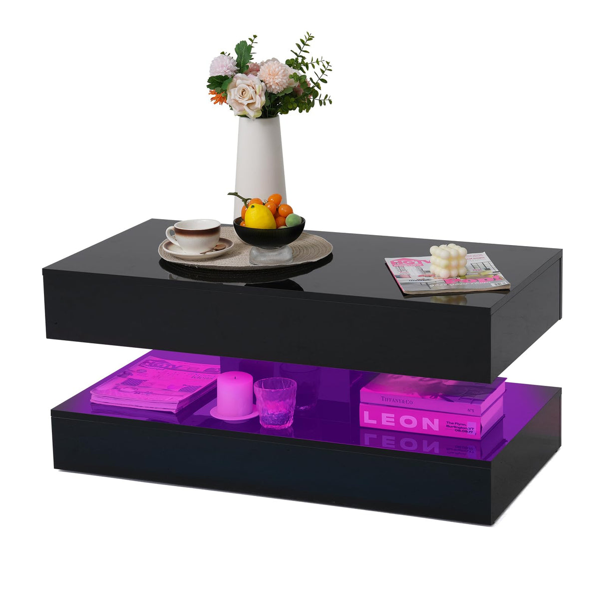 Verano Garden Modern High Gloss LED Coffee Table with Storage, 2-Tier Center Table with Open Display Shelf & 2 Sliding Drawers, Rectangle Coffee Tables for Living Room, Bedroom Verano Garden