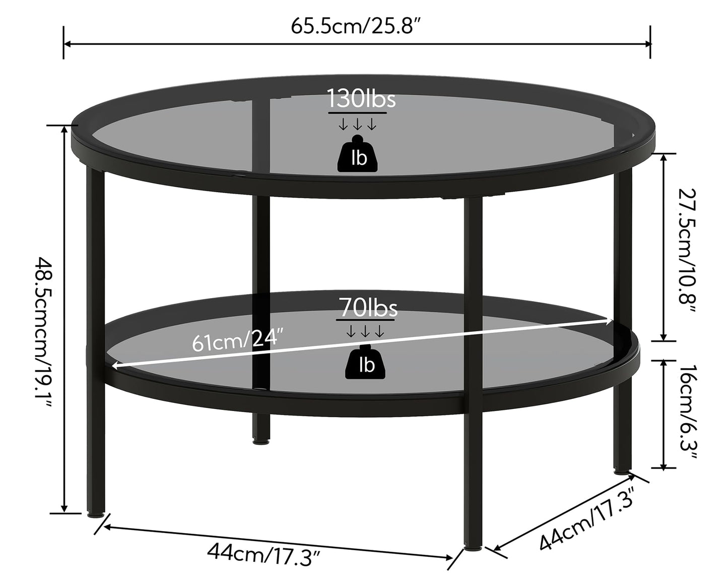 Yusong Round Glass Coffee Tables for Living Room, 2-Tier Circle Coffee Table with Storage, 26" Modern Center Accent Table with Light Black Glass, Small Side Table End Table for Small Space, Bedroom