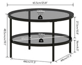 Yusong Round Glass Coffee Tables for Living Room, 2-Tier Circle Coffee Table with Storage, 26" Modern Center Accent Table with Light Black Glass, Small Side Table End Table for Small Space, Bedroom Yusong