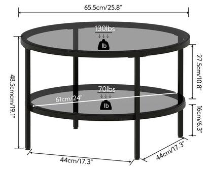 Yusong Round Glass Coffee Tables for Living Room, 2-Tier Circle Coffee Table with Storage, 26" Modern Center Accent Table with Light Black Glass, Small Side Table End Table for Small Space, Bedroom