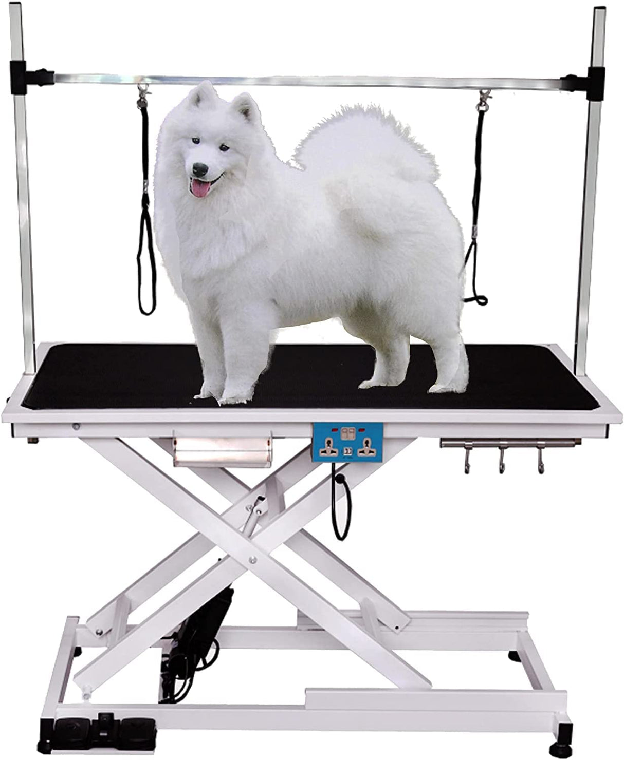 mydearpet Electric Dog Pet Grooming Table for Large Dogs, Heavy Duty X Lift Pet Grooming Table, Height Adjustable with Double Arms and Non-Slip Rubber Tabletop, 50''/White mydearpet