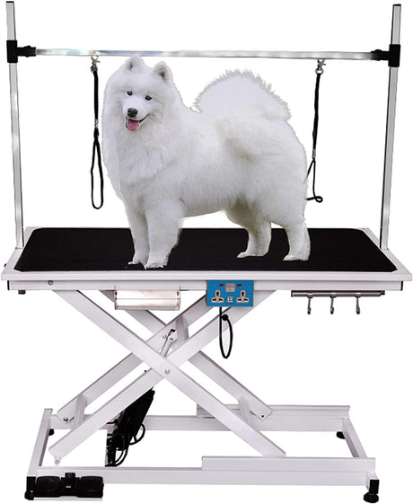 mydearpet Electric Dog Pet Grooming Table for Large Dogs, Heavy Duty X Lift Pet Grooming Table, Height Adjustable with Double Arms and Non-Slip Rubber Tabletop, 50''/White mydearpet
