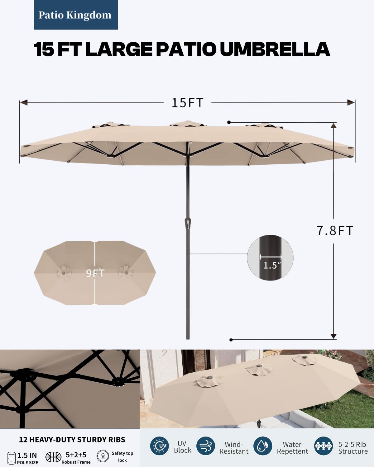 Patio Kingdom 9-Piece White Outdoor Dining Set with Beige 15FT Large Patio Umbrella, 75.2'' HDPE Table & Chairs for 8, Weather-Resistant Furniture with Umbrella Hole for Patio, Lawn, Poolside Patio Kingdom