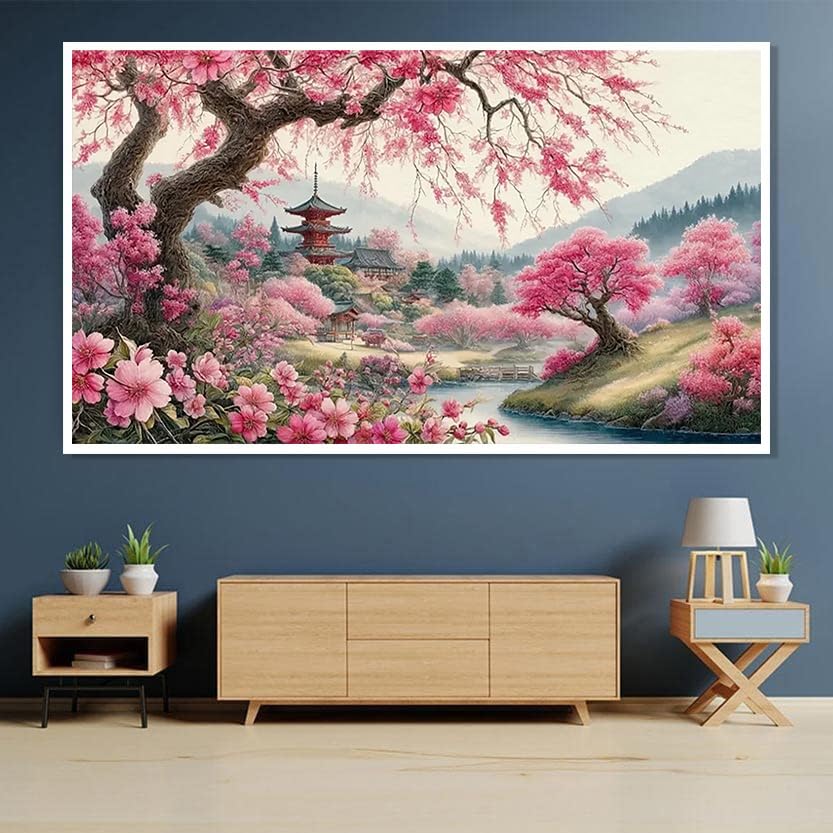 Large Diamond Art Kits for Adults, Cherry Blossoms Flower Diamond Art Painting Kits for Adults, 5D DIY Full Drills Mountain Sakura Craft for Gifts, Home Wall Decor 15.7" x 27.6", Extra Large Size croshom