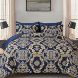 WONGS BEDDING Blue Gold Comforter Set King Size, Damask Texture 7 Pieces Bed in a Bag Microfiber Comforter Bedding Sets -1 Comforter, 1 Flat Sheet, 1 Fitted Sheet, 2 Pillow Shams, 2 Pillowcases WONGS BEDDING