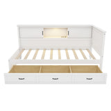 MKABAK Twin Daybed with L-Shaped Bookcase Headboard and Storage Drawers, Wood Corner Bed with Led Downlight, Charging Station and Shelves for Kids Boys Girls, White MKABAK