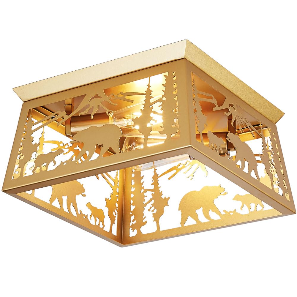 Gold Bear Lamp, Log Cabin Semi Flush Mount Ceiling Light Rustic Modern Farmhouse Golden Bear Light for Bedroom Entryway Living Room Foyer,E26 Base, 12.5" Feohak