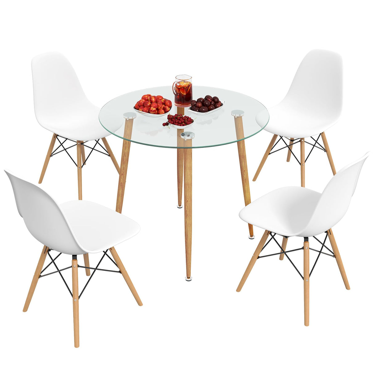 Tangkula 5-Piece Dining Table Set for 4, Kitchen Table Set with Seat, Solid Wood Legs, Metal Frames & Tempered Glass Tabletop, Round Dinner Table & 4 Chairs for Home, Natural Tangkula