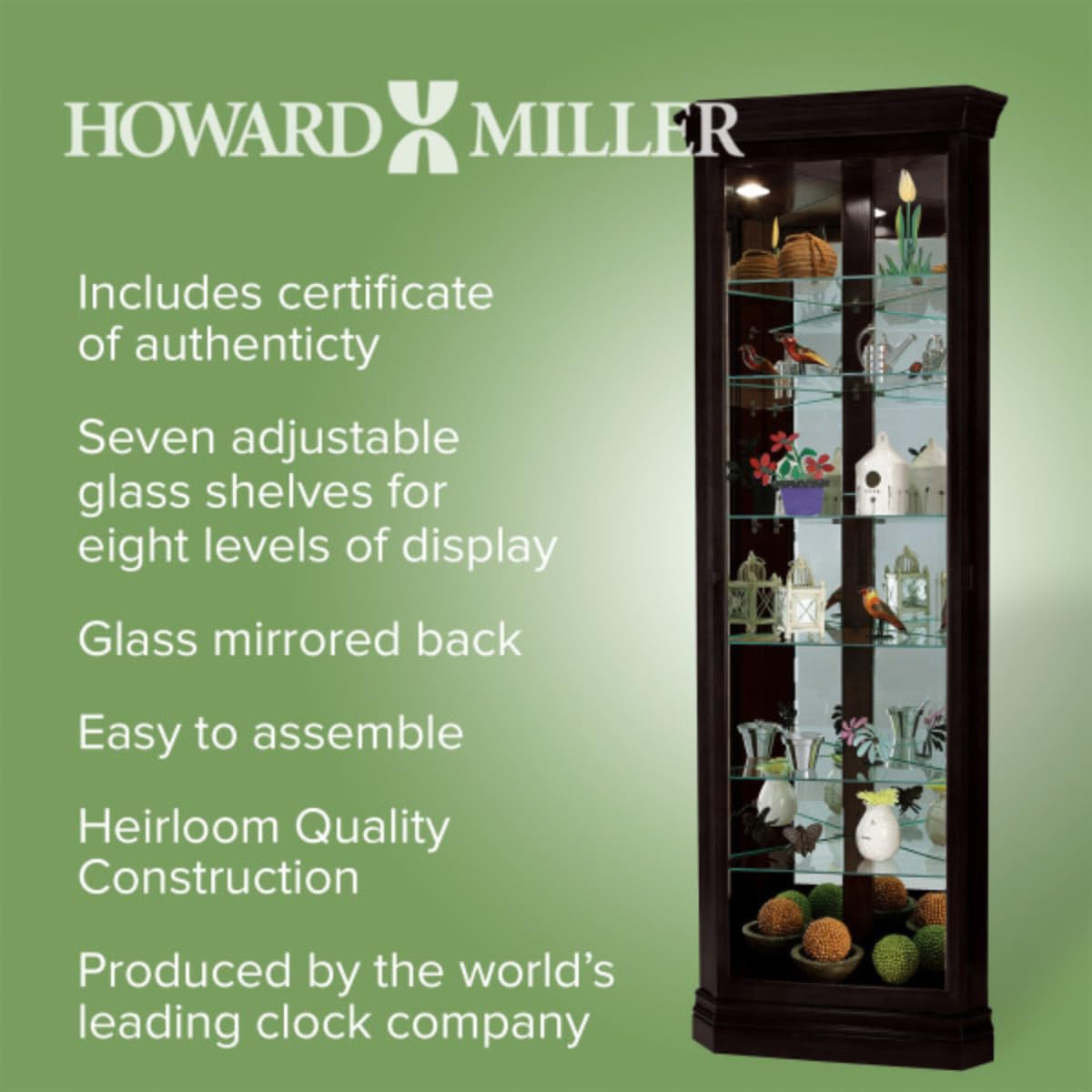 Howard Miller Duane Corner Curio Cabinet – Black Finish Glass Display with Mirrored Back, Adjustable Shelves, Built-in Lighting, and Locking Door for Showcasing Collectibles Modern Home Décor Howard Miller